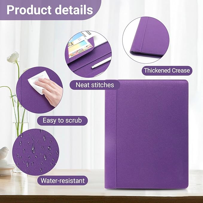 Professional Portfolio Binder, Faux Leather Padfolio for Resume, Note-Taking & Meetings, A4 Letter Writing Pad Holder for Women & Men, Purple