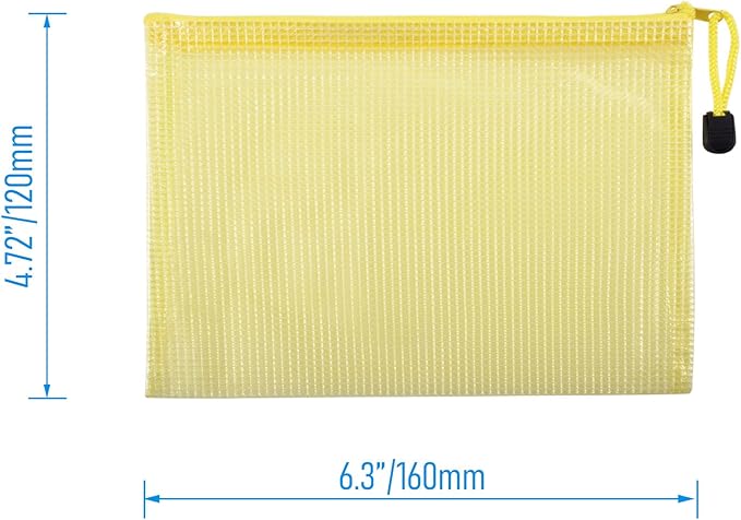 6 Pcs 4.72" x 6.3" A6 Sizes Mesh Zipper Pouch Bags, Mesh Bags with Zipper，Waterproof Clear document pouch for Organization Puzzles Travel, Office, Classroom Organization, A6 Yellow