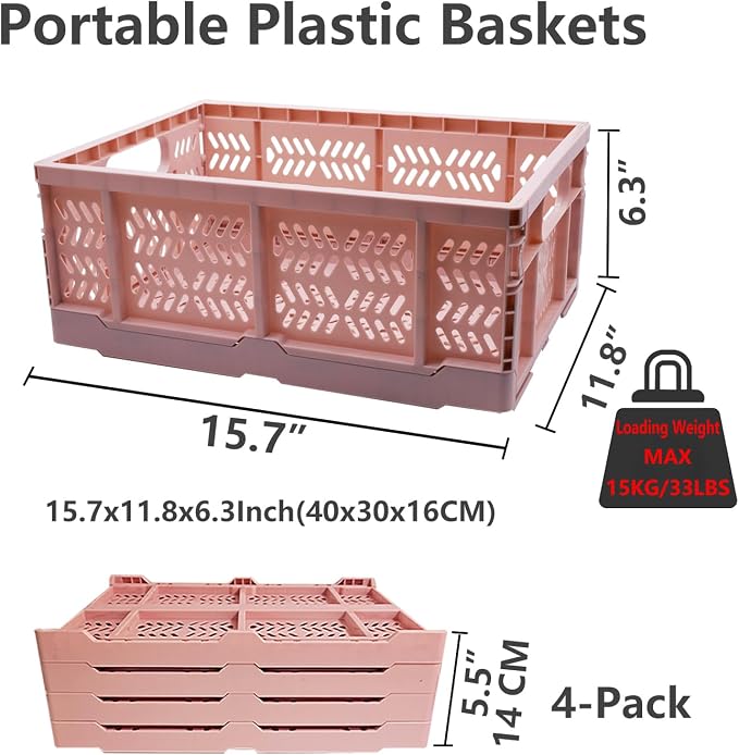 20L Foldable Crates, 4Pack Plastic Baskets for Home and Office,Plastic Folding baskets,Collapsible Crates for Chrismas Gifts, Toys Storage. (Light Pink,15.7x11.8x6.3Inc)