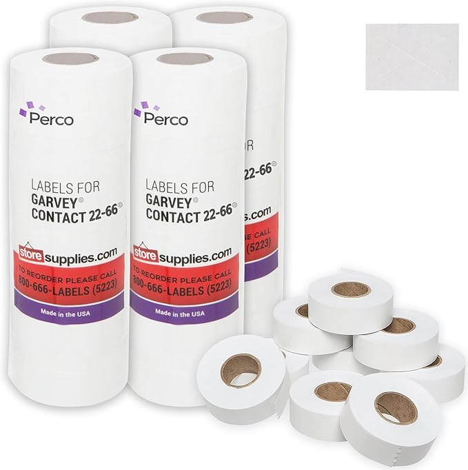 Perco White Garvey 2216 Pricing Labels for Garvey 22-66/22-77/22-88 Two Line Pricing Gun - 36 Rolls, 4 Sleeve - 36,000 Pricemarking Labels and 4 Inker Included