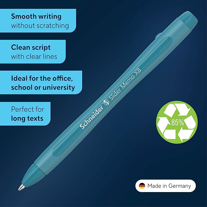 Schneider Slider Memo XB Ballpoint Pen (Colour Edition with Cap, Line Width: XB) Pack of 10, Case Colour: Teal, Ink Colour: Blue