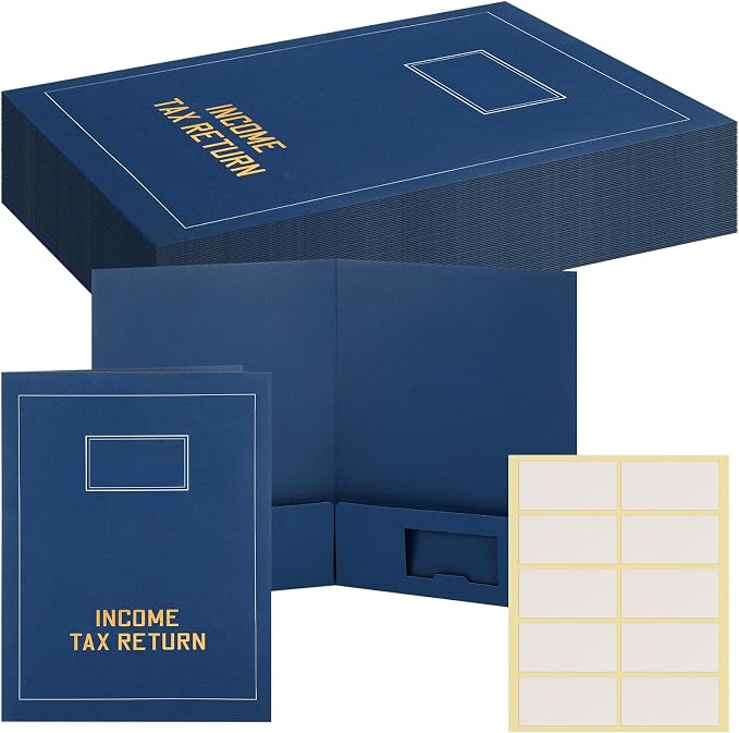 Kisston 25 Pcs Tax Return Folders Bulk 2 Pocket Gold Foil Stamped Income Tax Folders with Labels Business File Office Blank Organizer (Blue)