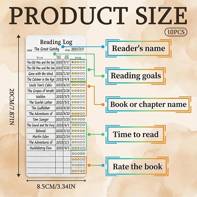 Reading Log Bookmark Cards 10 PCS, 2x6 Inch Double Sided Cardstock Tracker Bookmarks, New Year Reading List Goal Tracker Book Marks for Students Teachers Library Supplies Book Lovers Gift