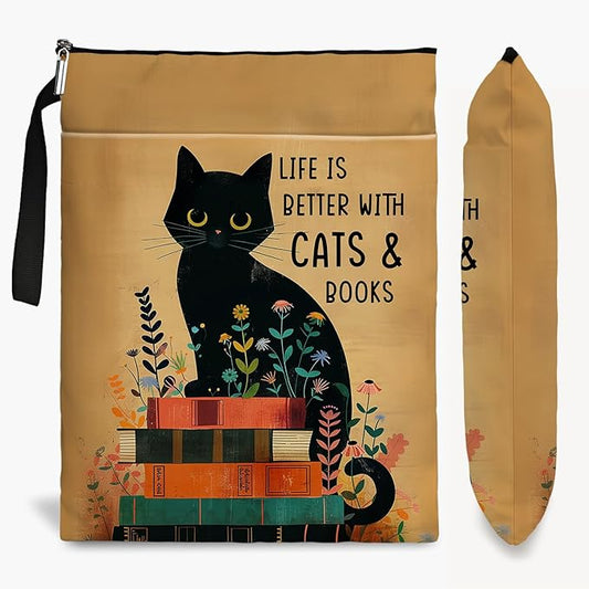 Cat Book Sleeve,Book Covers for Paperbacks,Book Sleeves with Zipper, Book Pouch Cat Lover Gifts,Cat Themed Gifts for Women Graduation Birthday (Black Cat 03, Large)