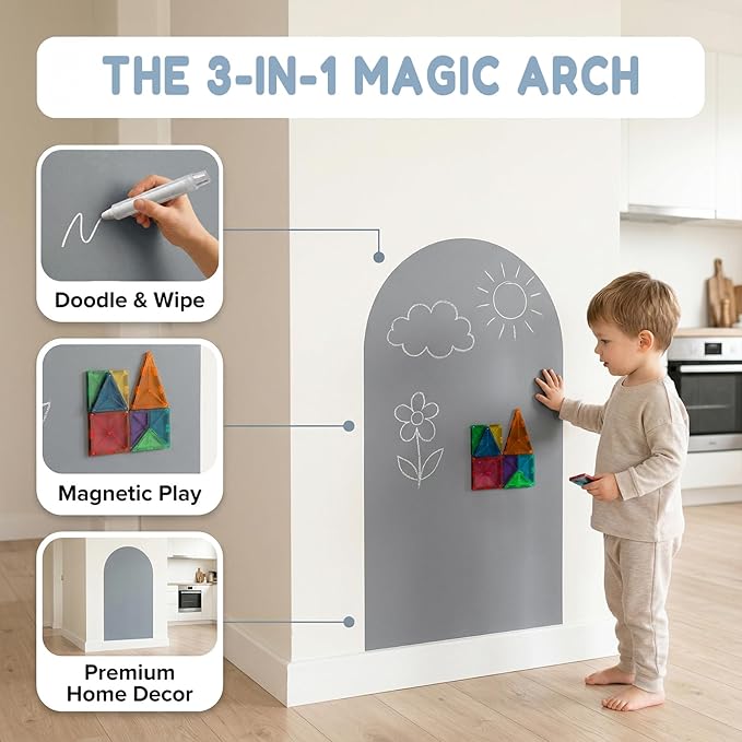 Magnetic Arch Wall Decal: Small 15.7" x 31.5" Peel and Stick Chalkboard with Strong Adhesive - Playroom Decor & Montessori-Inspired Spaces for Toddlers Ages 1–5 (Quiet Gray)