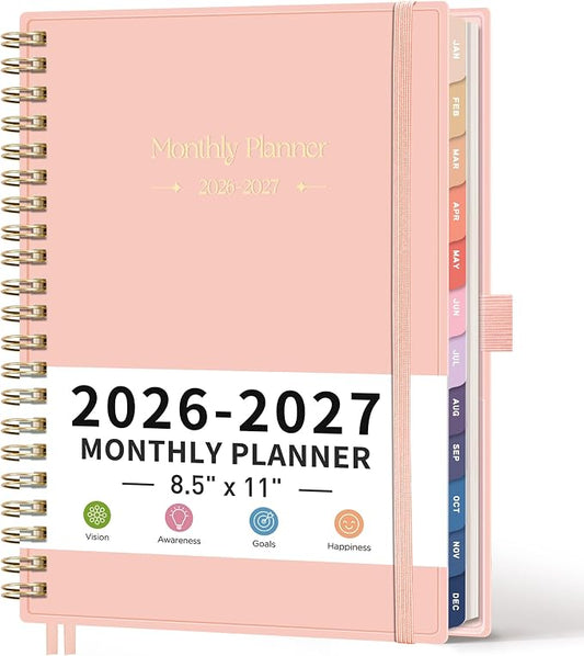 RETTACY 2026-2027 Monthly Planner, Jan 2026 - Dec 2027, Large Size (8.5" x 11"), Agenda, Calendar, 24 Month Tabs, Flexible Plastic Cover, 100 GSM Thick Paper, Spiral-bound (Pink)