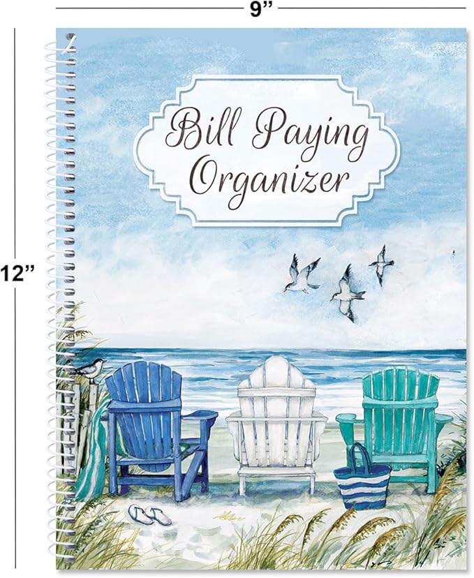 Current By The Sea Bill Paying Organizer Book - 9" x 12” Personal Account Book, Spiral Bound, 14 Storage Pockets, 32 Label Stickers, Monthly Finance & Payment Management Tracker for Home & Office