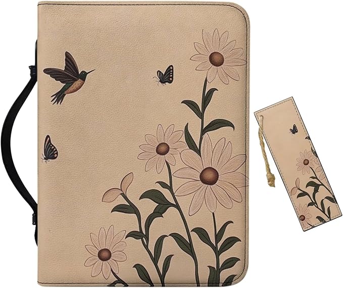 Leather Small Bible Cover with Bookmark，Carrying Book Case Church Bag Bible Protective w/Pen Slots and Zippered Pocket,Gift for Women,Daisy Bird