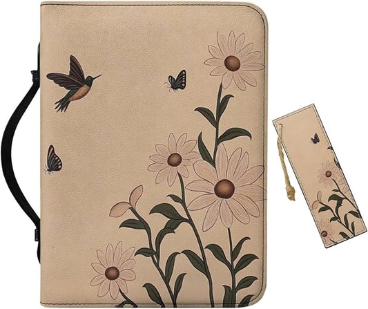 Leather Small Bible Cover with Bookmark，Carrying Book Case Church Bag Bible Protective w/Pen Slots and Zippered Pocket,Gift for Women,Daisy Bird