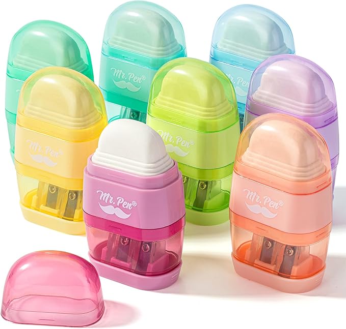 Mr. Pen- Pencil Sharpener & Eraser, 4 Pack, 2-in-1 Manual Sharpeners with Canister, 2 Sharpening Holes for Standard & Jumbo Pencils, Colorful Dual Hole Design for School, Office, Home, Kids