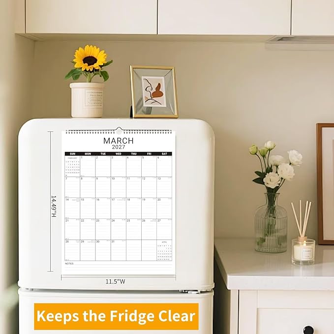 2026 Wall Calendar, 12 Month 11.5”x14.8 ‘’ Year Monthly Organizer from January 2026-2027 Vertical Blank Simple Spiral Bound Wire Hanging Calendar w/ Lines for Family, Home, Kitchen, Office White2