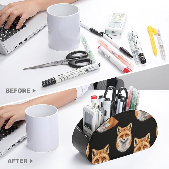 Desktop Remote Control Holder, 5-Compartment PU Leather Organizer for TV, DVD, and Bedside Table Storage, Animal Fox Art