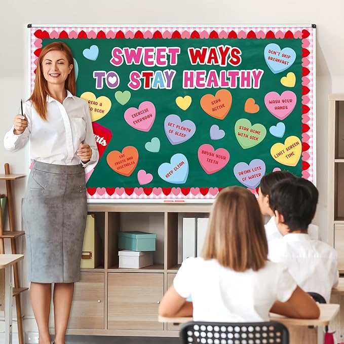 Valentine's Day Health Habit Bulletin Board Set Valentines Sweet Ways to Stay Healthy Classroom Decoration Sweet Love Heart Cutouts Heart Bulletin Board Border for School Home Wall Door Party Supplies