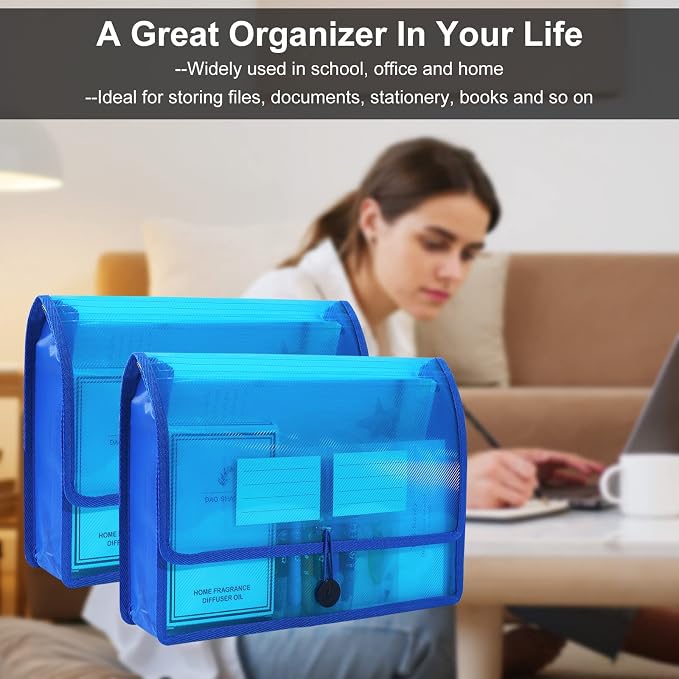 Eco-Friendly Plastic File Folders, 5 Pack Poly Expanding File Wallet, Expandable Envelope Organizer Document Folder with Elastic Band and Button Closure, with Small Two Pockets, Blue