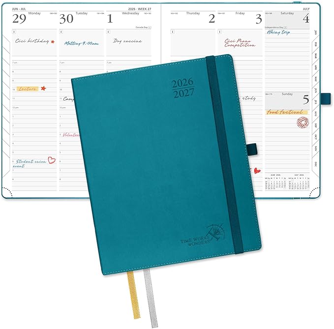POPRUN Planner 2026-2027, Large-8.5" x 10.5", Academic Planner 2026-2027 Weekly and Monthly (July 26-June 27) Hourly Appointment Book with Inner Pockets, Leather Soft Cover, 100GSM - Pacific Green