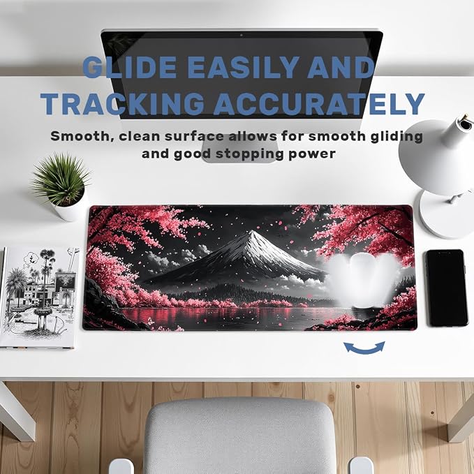 Mount Fuji Desk Mat Gaming Mouse Pad Cherry Blossom Red Mountain Landscape Mousepads Computer Keyboard Pad Mouse Mat Laptop Mat 31.5 x 11.8 Mouse Pads for Desk Home Office Gaming