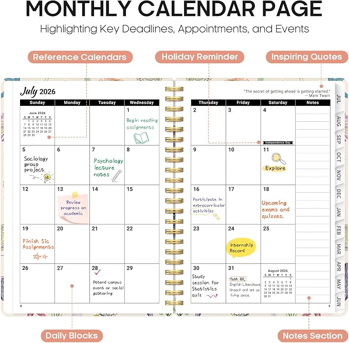 Planner 2026–2027, Academic Year Monthly & Weekly Calendar Book, Jul 2026–Jun 2027, Hardcover Organizer with Tabs, Student & Teacher Planner, 6.3" x 8.5", Sea Shell