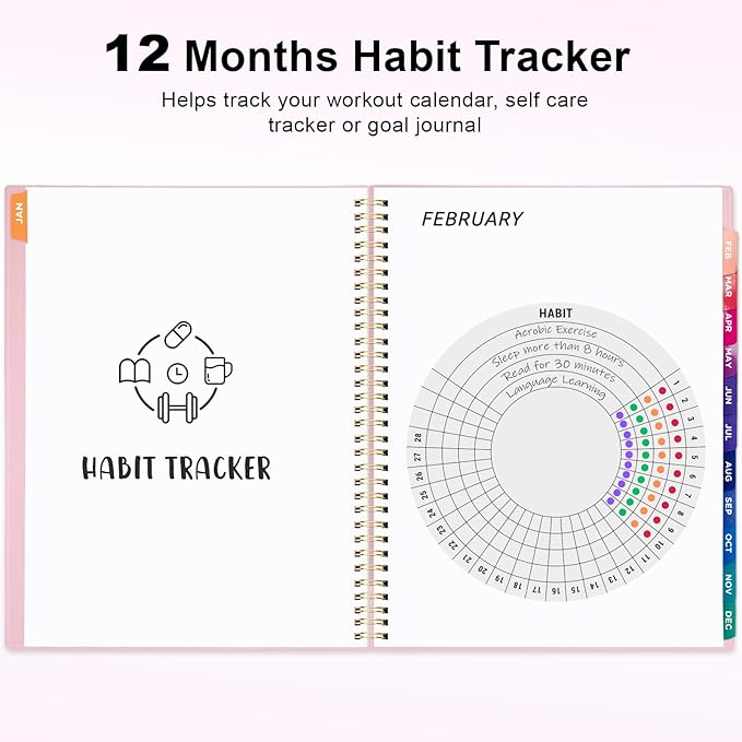 Oucaru 2026 Planner, Weekly and Monthly Planning Calendar, Jan 2026 - Dec 2026, 8.5" x 11", Spiral Bound, 12 Habit Trackers & Monthly Tabs, 2 Storage Pockets, Perfect for Office Home School Supplies