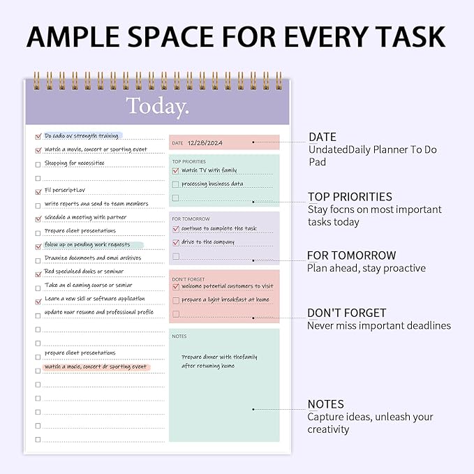 KMQOY To Do List Notepad - 2 Pack Daily Planner Pad Undated 52 Sheets Spiral Today Planner Note Pad Premium Thick Paper 6.5" x 9.8" For Work and Personal Organized - purple