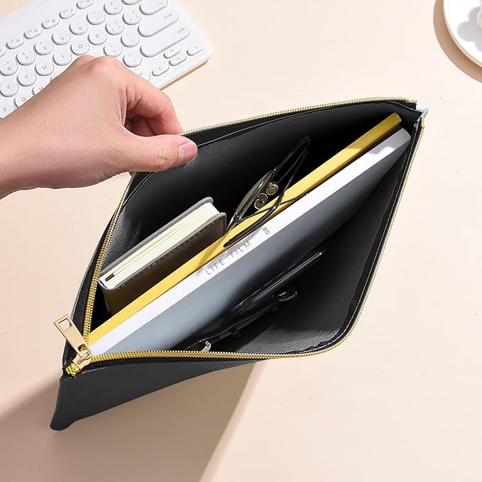 Enyuwlcm PU Leather A4 File Folder Zipper Document Holder Envelope Folder Case for Receipt Contract (2, Black&Orange)