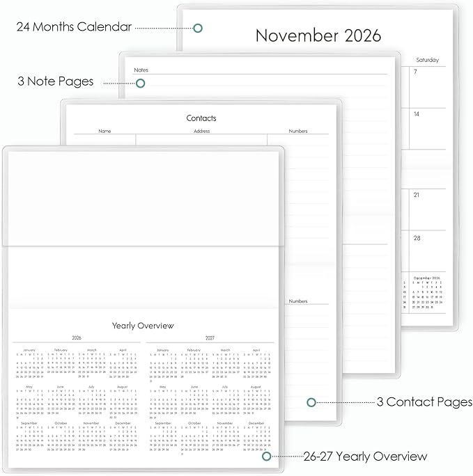 SKYDUE Pocket Calendar 2026-2027 for Purse 6.5" x 3.5", 2026-2027 Pocket Planner 24 Months with Soft Waterproof Cover, Watercolor Floral