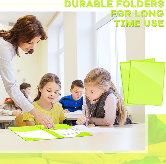 Henoyso 72 Pcs Plastic Folder with Clear Front Pocket and 3 Prong Plastic Folders with Card Slot Pocket Folders with Prongs for School Office (Fluorescent Green)
