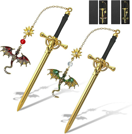 Fourth Wing Dragon Bookmarks,Fantasy Sword Bookmark,Metal Book Markers with Dragon Pendant, Cool Gifts for Men Boys Readers, Perfect Birthday Graduation Presents for Book Lovers (Red&Yellow)
