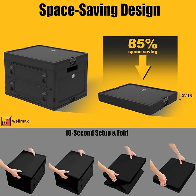 Wellmax Collapsible Crate with Lid - 44lbs Stackable Foldable Crate for Groceries, Office & Car Trunk Organizing - Black