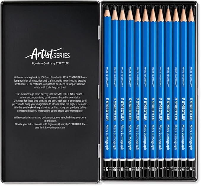 STAEDTLER Mars Lumograph Art Drawing Pencils (12-Pack) – Sustainable, Break-Resistant Graphite, Metal Case