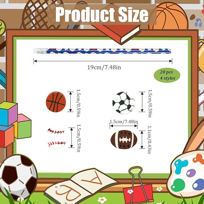 20 Pieces Sport Pencils 20 Pcs Sports Ball Erasers Sets Wooden Baseball Football Pencils Sports Themed Teachers School Stationery Class Reward