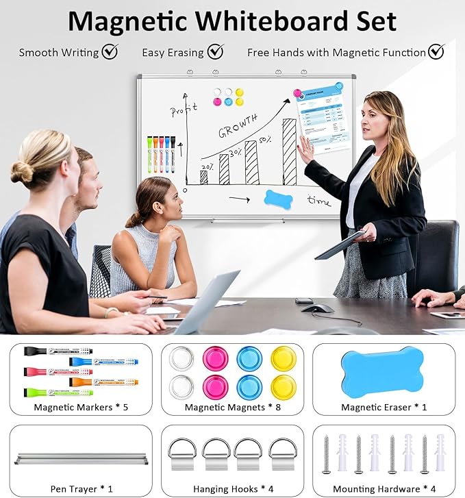 EAONE Magnetic Dry Erase Board for Wall 24” x 18”, Double Sided White Board, Silver Aluminum Frame Whiteboard Kit for Office Home School, with 1 Dry Eraser & 4 Magnetic Pins & 5 Multicolor Markers