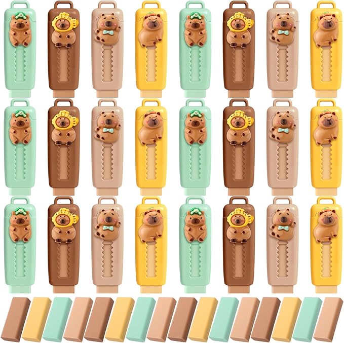 Gersoniel 48 Pack Capybara Retractable Erasers 24 Pcs Push-Pull Rubbers with 24 Pcs Refill Rubbers for Capybara Lovers Office Supply Gifts