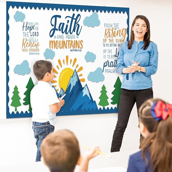 Sayglossy Faith Can Move Mountains Bulletin Board Decoration Religious Classroom Bulletin Board Faith Mountain Cutout for Sunday School Religious Classroom Home Wall Decor