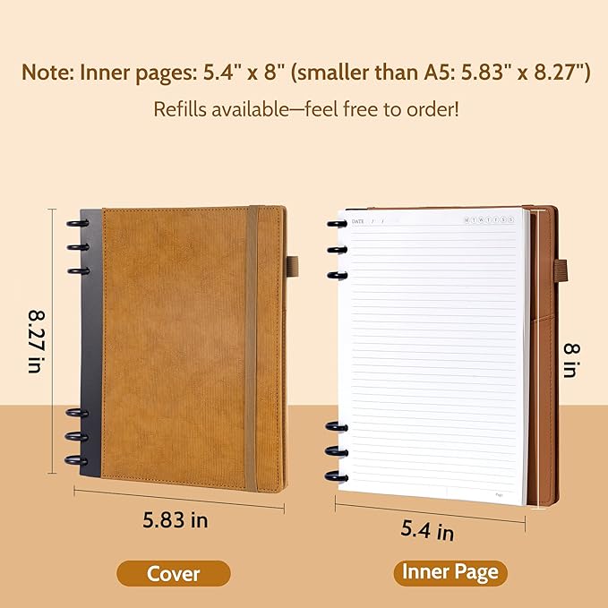 Yoment Refillable Notebooks for Work Discbound: Hardcover Notebook with 5 Subject Removable Dividers Tabs Colleged Ruled Small Journal for Writing Women Men 224 Pages,Brown
