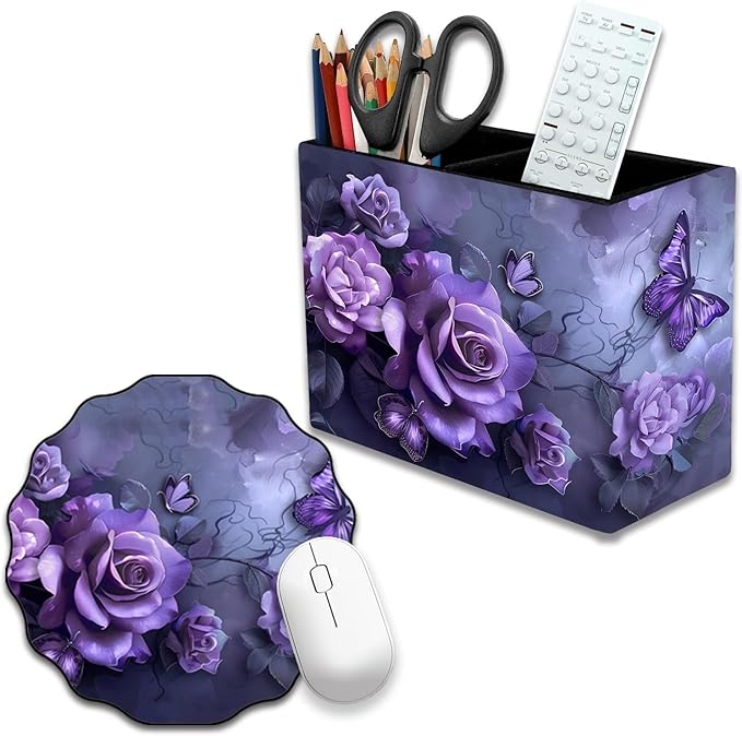 Pen Holder and Anti-Slip Mouse Pad Combination, Makeup Brush Storage Box, Tableware Storage Box, Suitable for Office and Home - Purple Rose