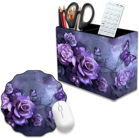 Pen Holder and Anti-Slip Mouse Pad Combination, Makeup Brush Storage Box, Tableware Storage Box, Suitable for Office and Home - Purple Rose