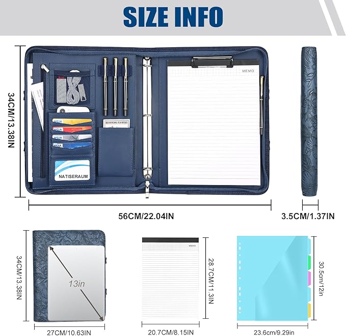 Padfolio Portfolio Binder with Handle, 3-Ring Folder Organizer, Vegan Leather Portfolio with Notepad Includes 5 Dividers with 10 Pockets for Documents Filesfor Documents Files and 1 Pen