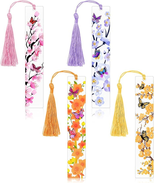 4pcs Pressed Flower Bookmarks, Transparent Acrylic Bookmark with Tassels, Butterfly Flower Theme Book Marks for Reading Women, Cute Book Marking Accessories Gift for Books Lovers(4 Colors)