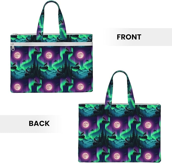 Lightweight Canvas Document Tote Bag Cool Wolf Howling Moon, Waterproof Zipper File Pouch with Handle for Office Travel Use