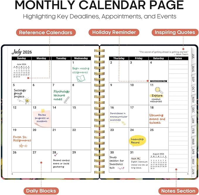 Planner 2026-2027, Academic Year Monthly and Weekly Calendar Planner, Jul 2026 - Jun 2027, Hardcover Teacher Student Planning Agenda book with Tabs, Perfect for School Office Supplies, 8.5" x 11" - Humming Glow