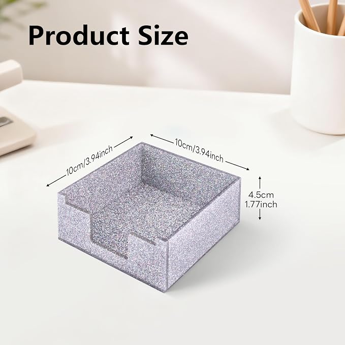 Silver Sparkling Sticky Note Holder, Glitter Acrylic Organizer, 3.94 x 3.94 in Multi-Use Tray for Office, School & Home Desk