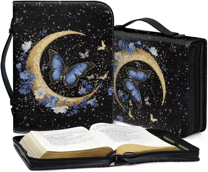 Purple Butterfly Bible Bag Bible Carrying Case for Women Moon Print Bible Cover Vegan Leather Carrying Book Case Christian Gifts for Women Size：L