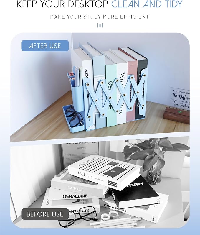 Heavy Duty Bookends Adjustable Book End, Desk Book Holder for Shelves, Book Organizer for Desk, Suitable for Office Home School (19.69 inches Max) (Light Blue)