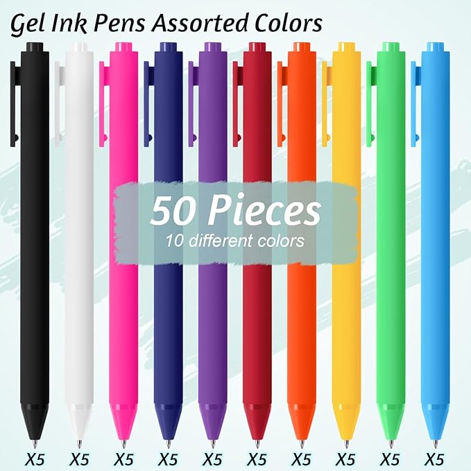Crtiin 50 Pcs Gel Pens Bulk, 0.5mm Fine Point Black Ink Pens, Retractable Smooth Writing Quick Dry, Colored Aesthetic for School Office Journaling Teacher Appreciation Mother Day (Colorful)