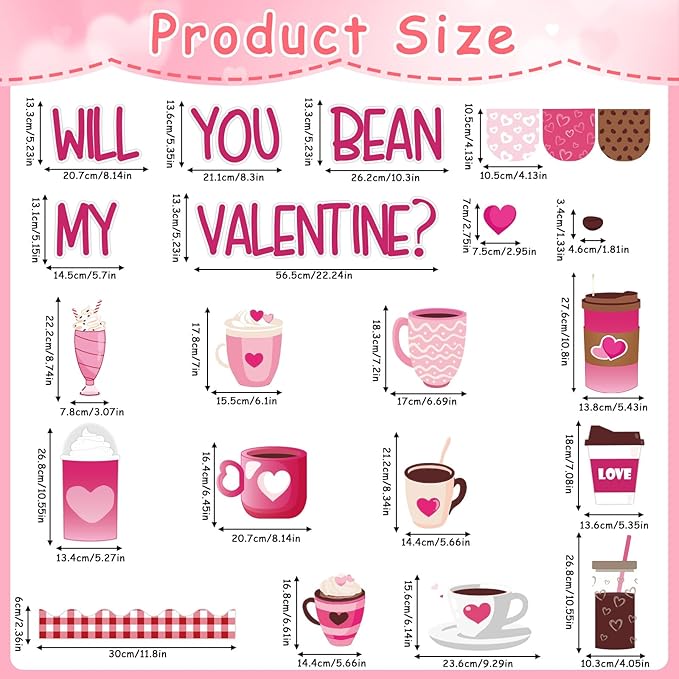 Naozinebi Valentine's Day Bulletin Board Classroom Decorations Coffee Theme Cutouts Valentines Coffee Cup Heart Cutouts Valentines Party Supplies for Classroom School Home Nursery Wall Door Decor