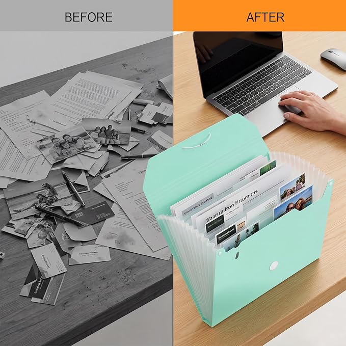 Comix Accordion File Organizer, 13 Pocket Expanding File Floder with Labels for A4/Letter Size Documents, Accordion File Folder for Office, Home, School（Green）