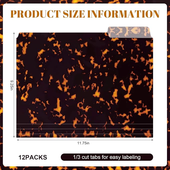 Dispowreath 12 Pack 11.75 x 9.25 Inches Tortoise Shell File Folders Organizer for Filing Organization 1/3 Cut Tabs Decorative File Folder Letter Size for School Office Documents Home Office Supplies
