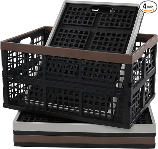 Hespama 4-Pack 42 L Plastic Collapsible Storage Crate, Folding Milk Crate | Stackable Storage Basket, Foldable
