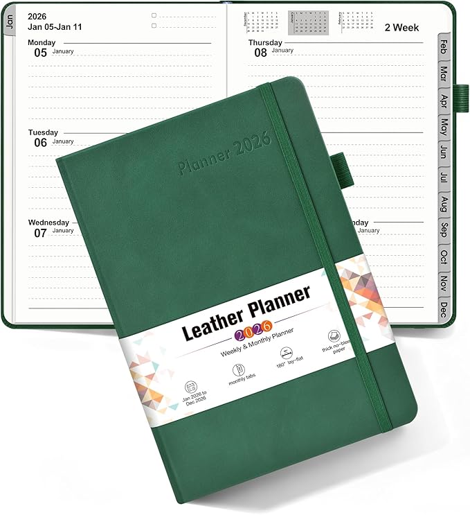 2026 Weekly & Monthly Planner, 12 Months Hardcover Planner from January 2026 - December 2026, Leather Agenda Organizer Book 2026 with Tabs, Daily Calendar Planners for Work School Home, A5 (5.75" x 8.38"), Green