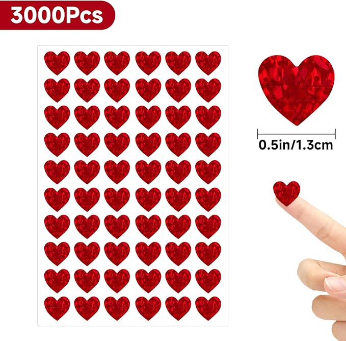 Anwyll 3000Pcs Heart Stickers - 1/2Inch Holographic Red Heart Stickers Tiny Mini Small Heart Shape Sticker Self Adhesive Happy Valentines Day Heart Love Sticker for Envelope Card Crafts Gift Wrapping